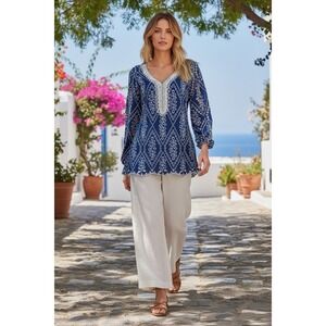 BOSTON PROPER Beaded Cotton Embroidered Eyelet Resort Costal Tunic Top‎ Blouse L